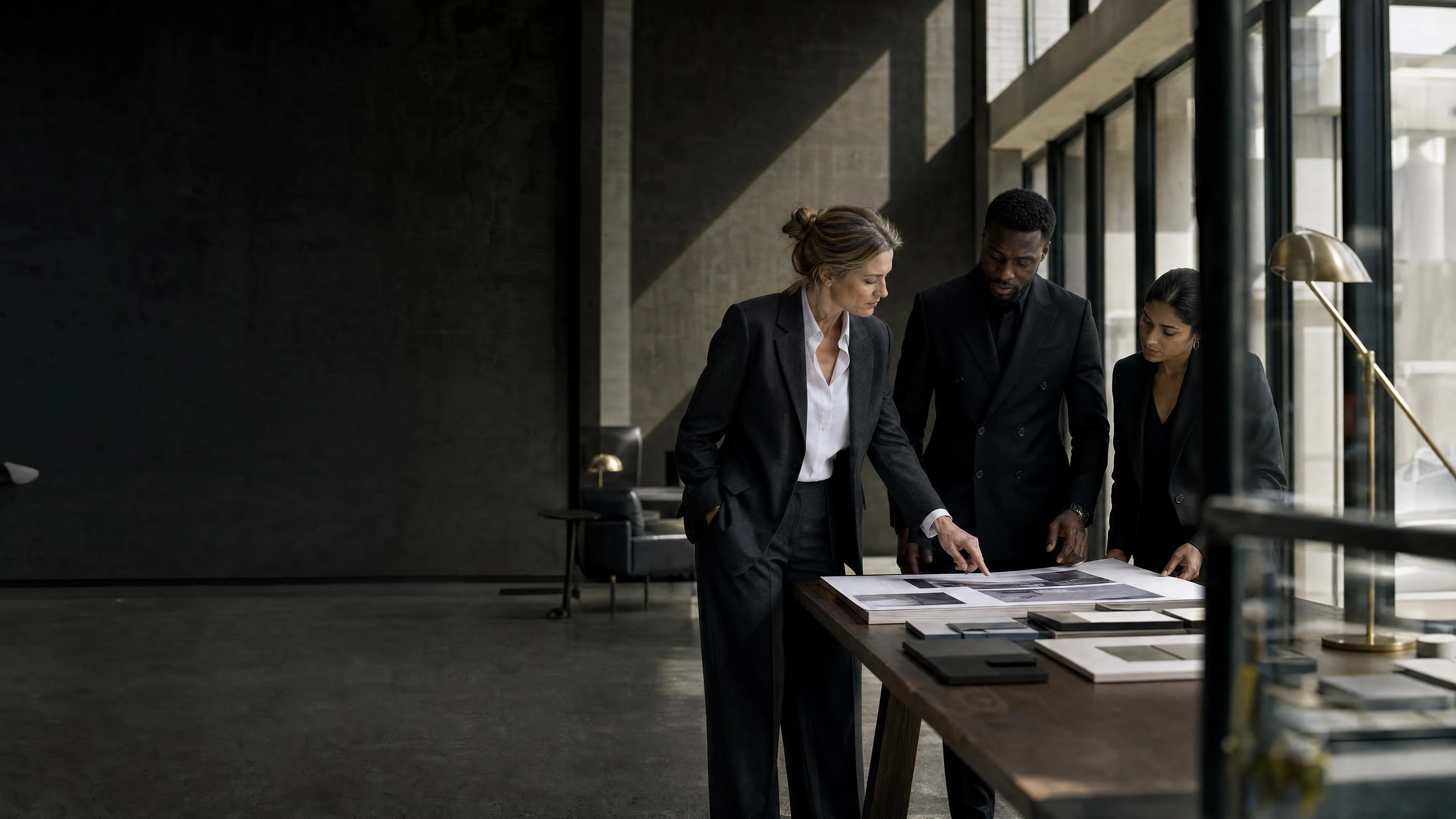 Generated editorial scene of three founders reviewing a visual direction in a light-filled studio