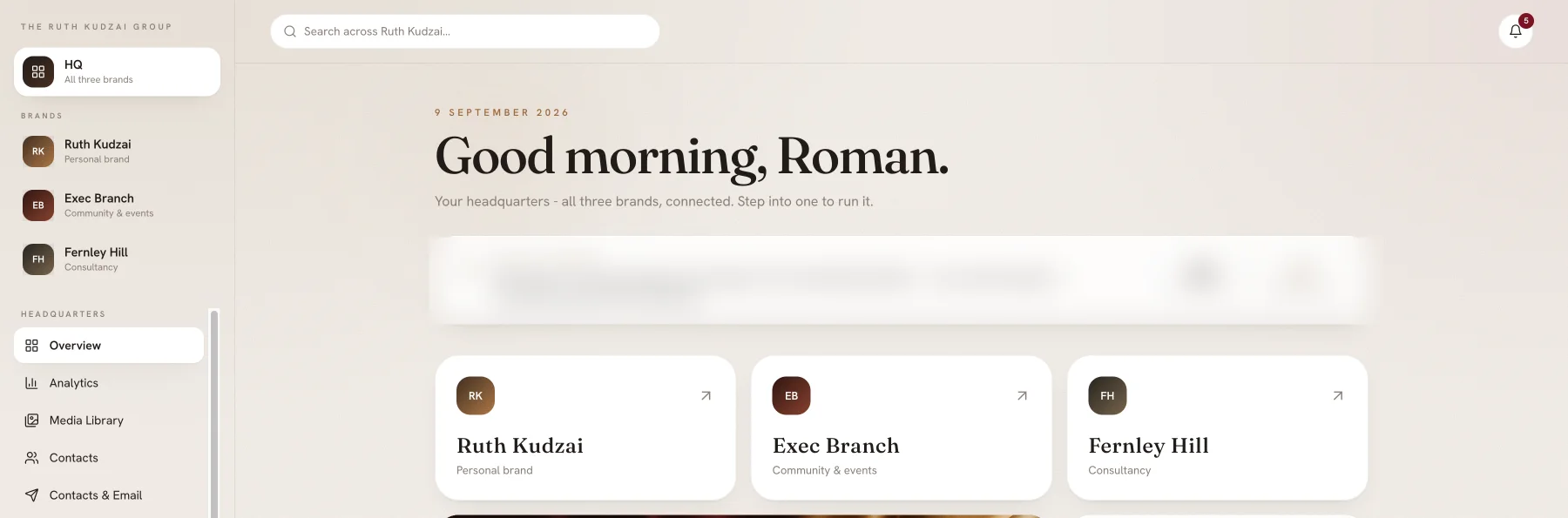 The group overview: a sidebar listing three brands, with a card for each of Ruth Kudzai, Exec Branch and Fernley Hill