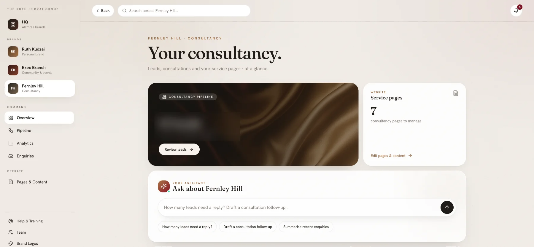 The Fernley Hill workspace, with its own navigation, pipeline card, service pages and assistant