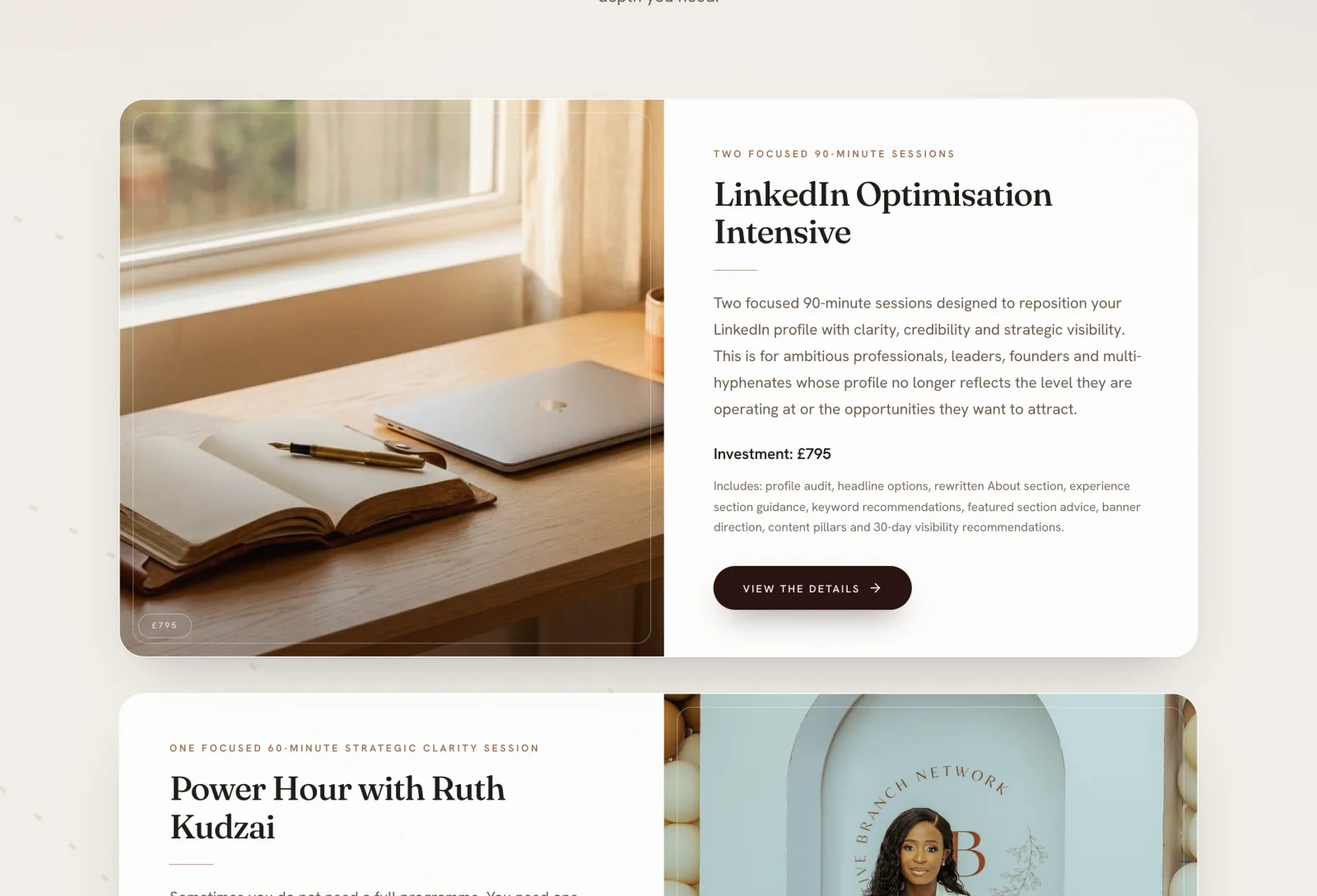 The services page on ruthkudzai.com, showing two sessions with what each includes and its price