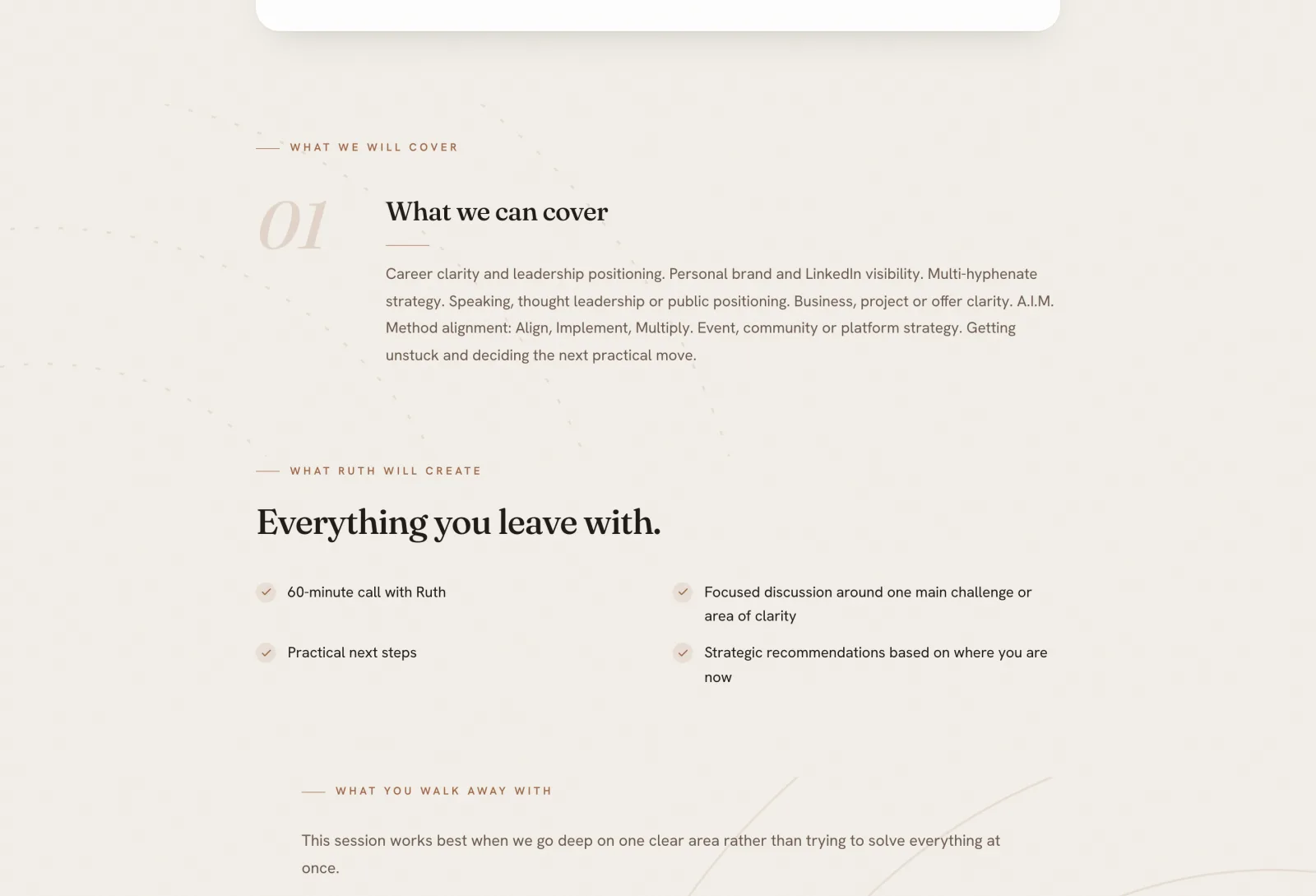 The Power Hour page listing what the session covers and what the client leaves with