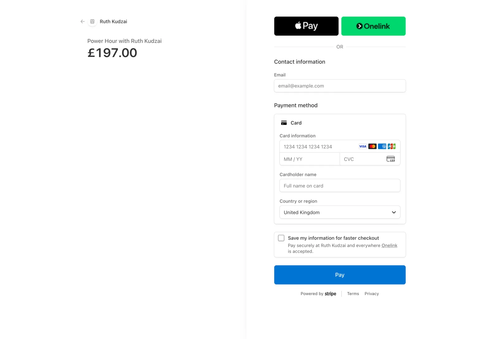 The hosted Stripe checkout for the Power Hour, showing the item and the price with an empty payment form