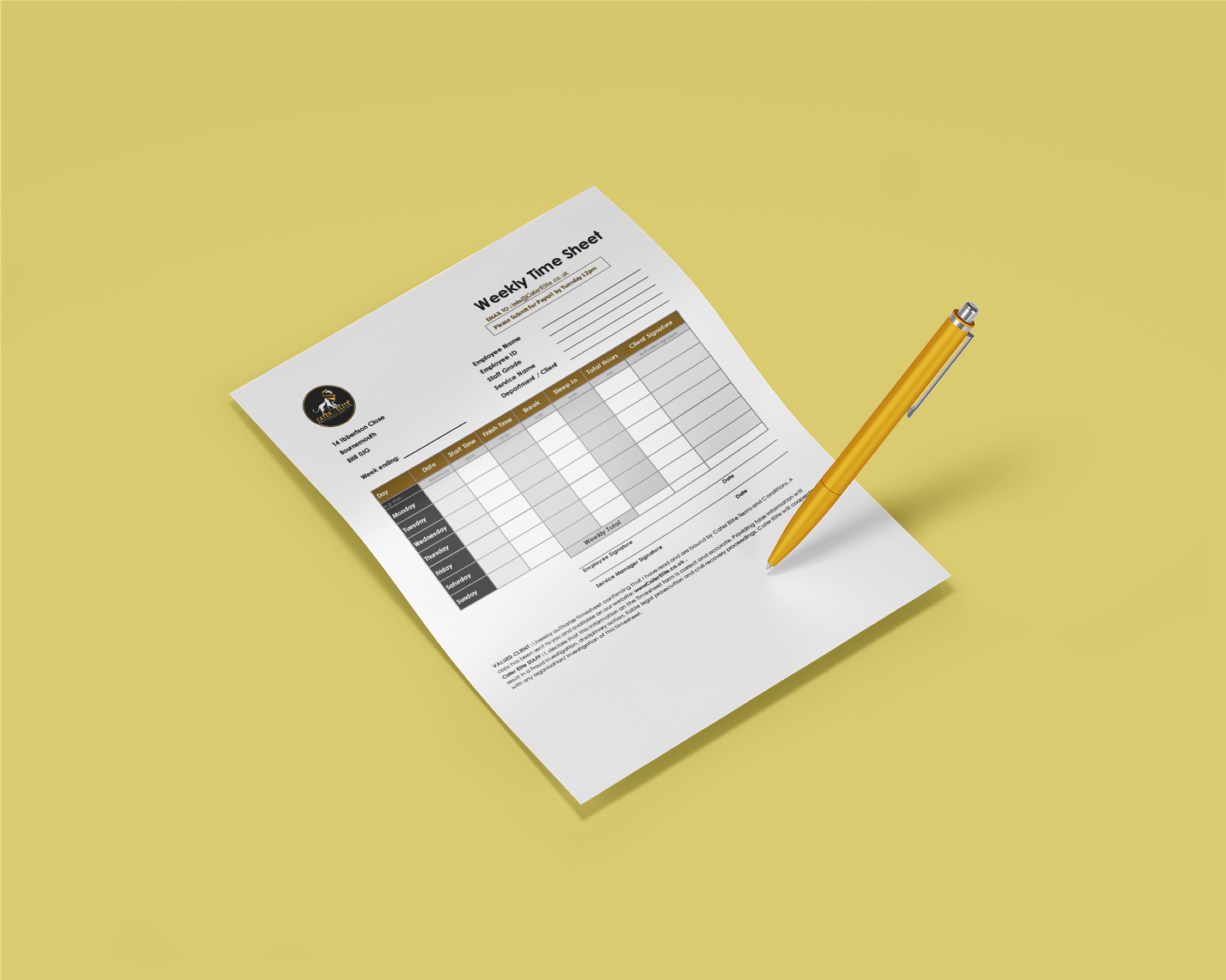 Cater Elite operational timesheet