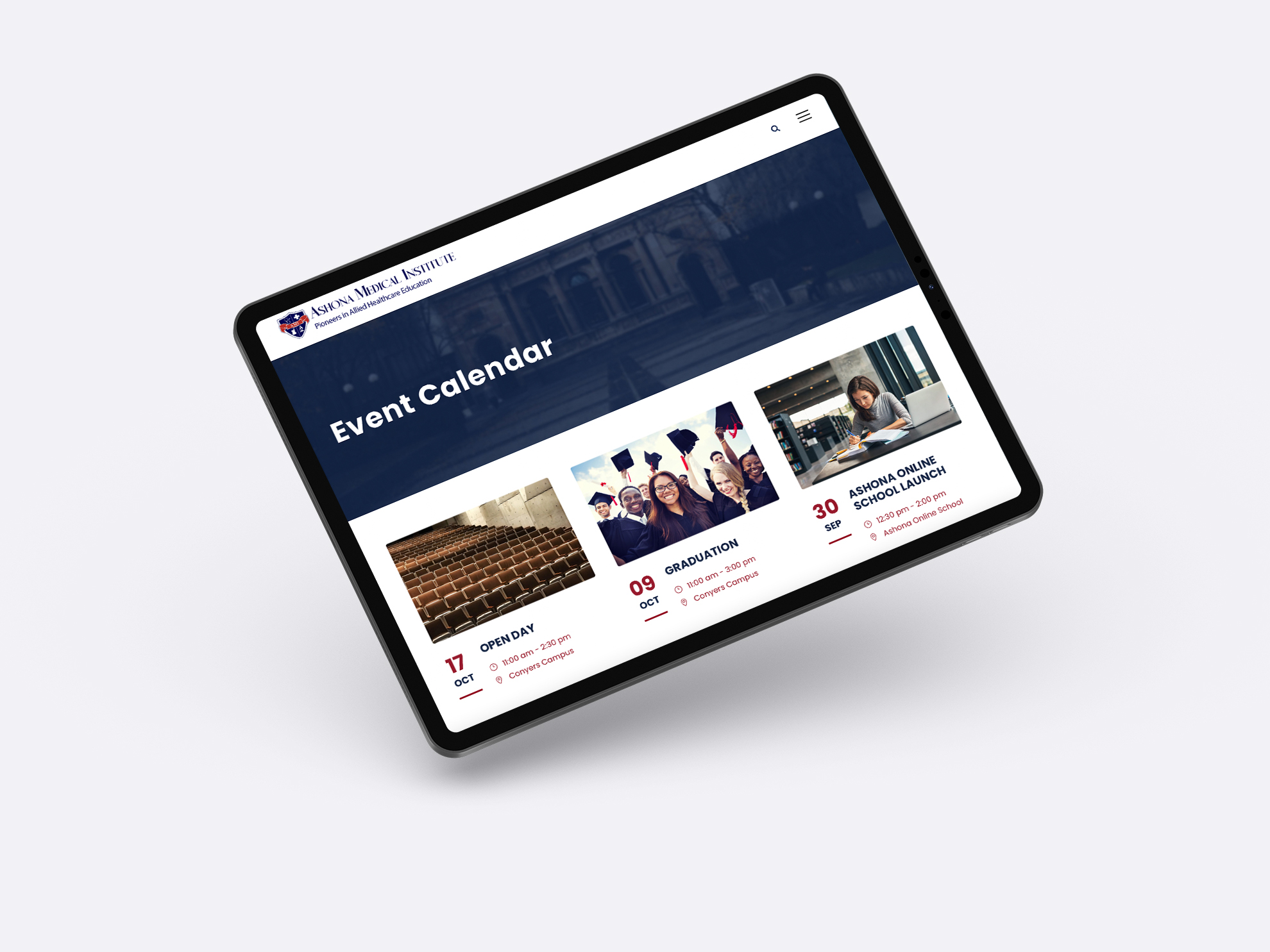 Ashona Medical Institute event calendar on a tablet