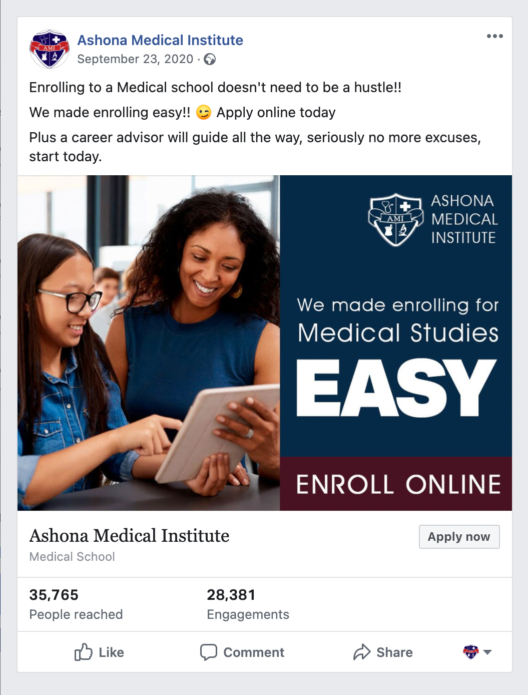 Ashona Medical Institute social enrolment campaign